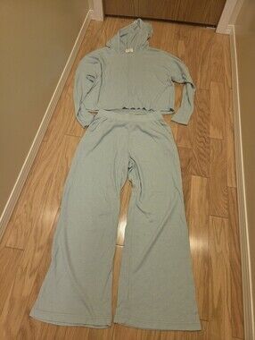 Roxy Light Blue Ribbed Hoodie & Wide-Leg Lounge Set